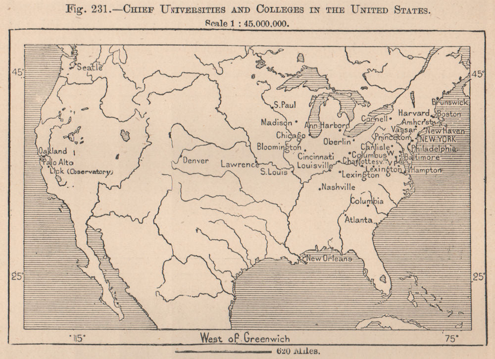 Chief Universities and Colleges in the United States. USA 1885 old antique map